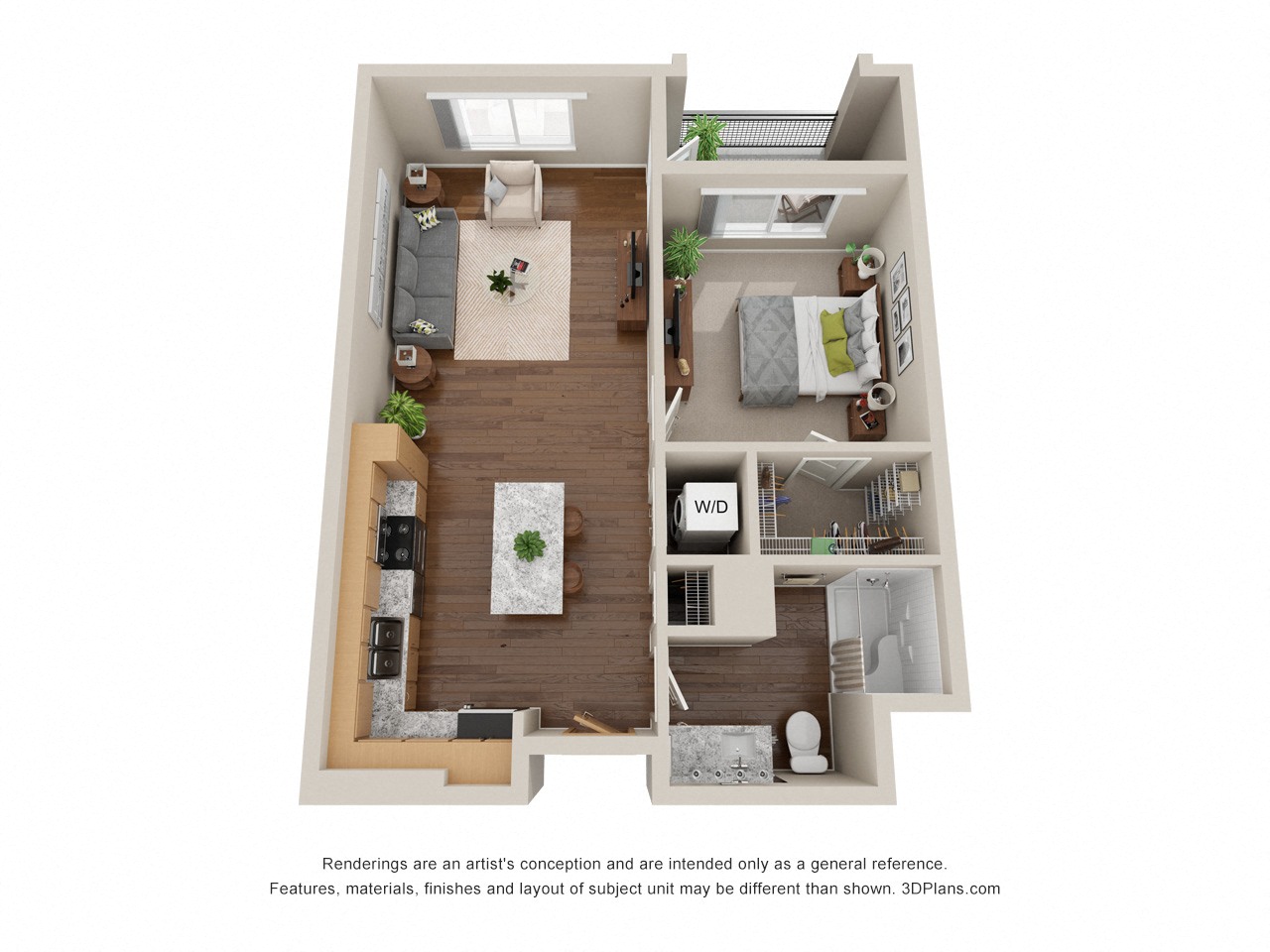 Floor plan for 1 bed, 1 bath, 675 sqft